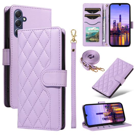 For Samsung Galaxy A16 5G / A16 4G Case Wallet Rhombus Leather Phone Cover with Shoulder Strap, Wrist Strap - Light Purple