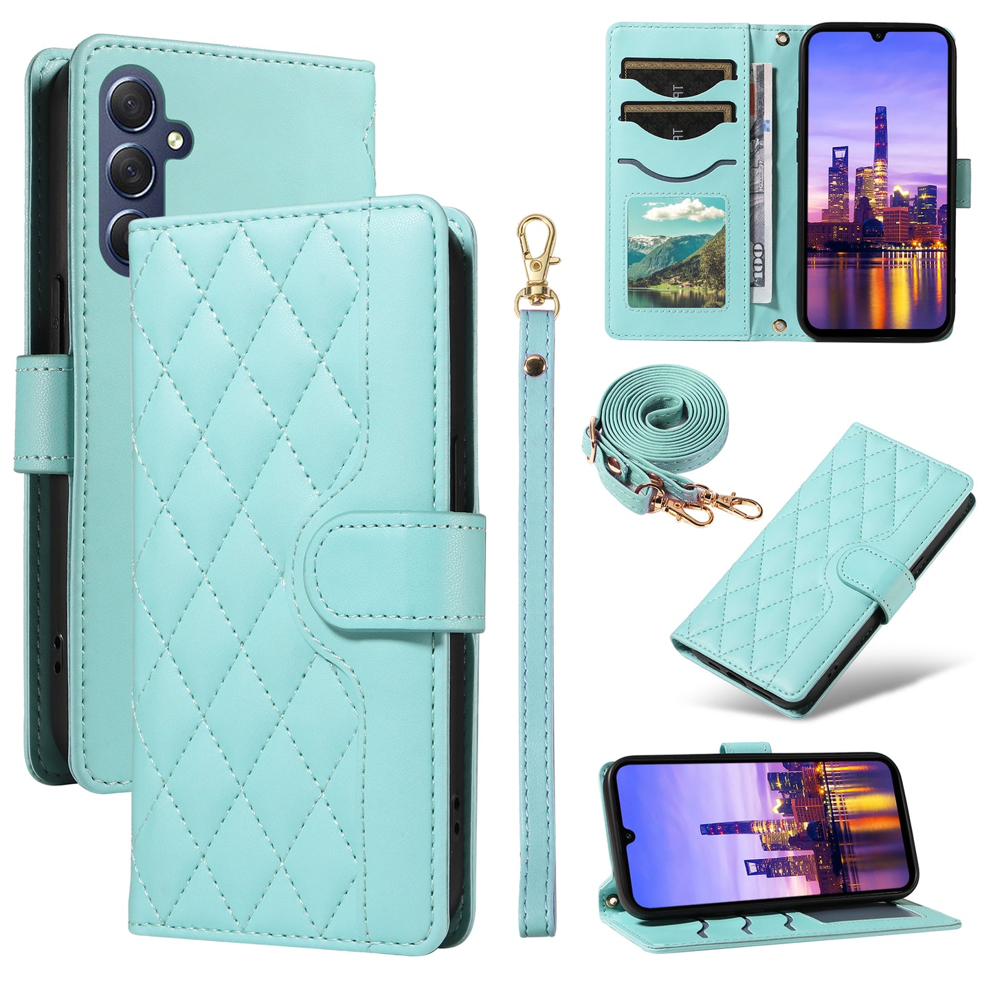 For Samsung Galaxy A16 5G / A16 4G Case Wallet Rhombus Leather Phone Cover with Shoulder Strap, Wrist Strap - Green