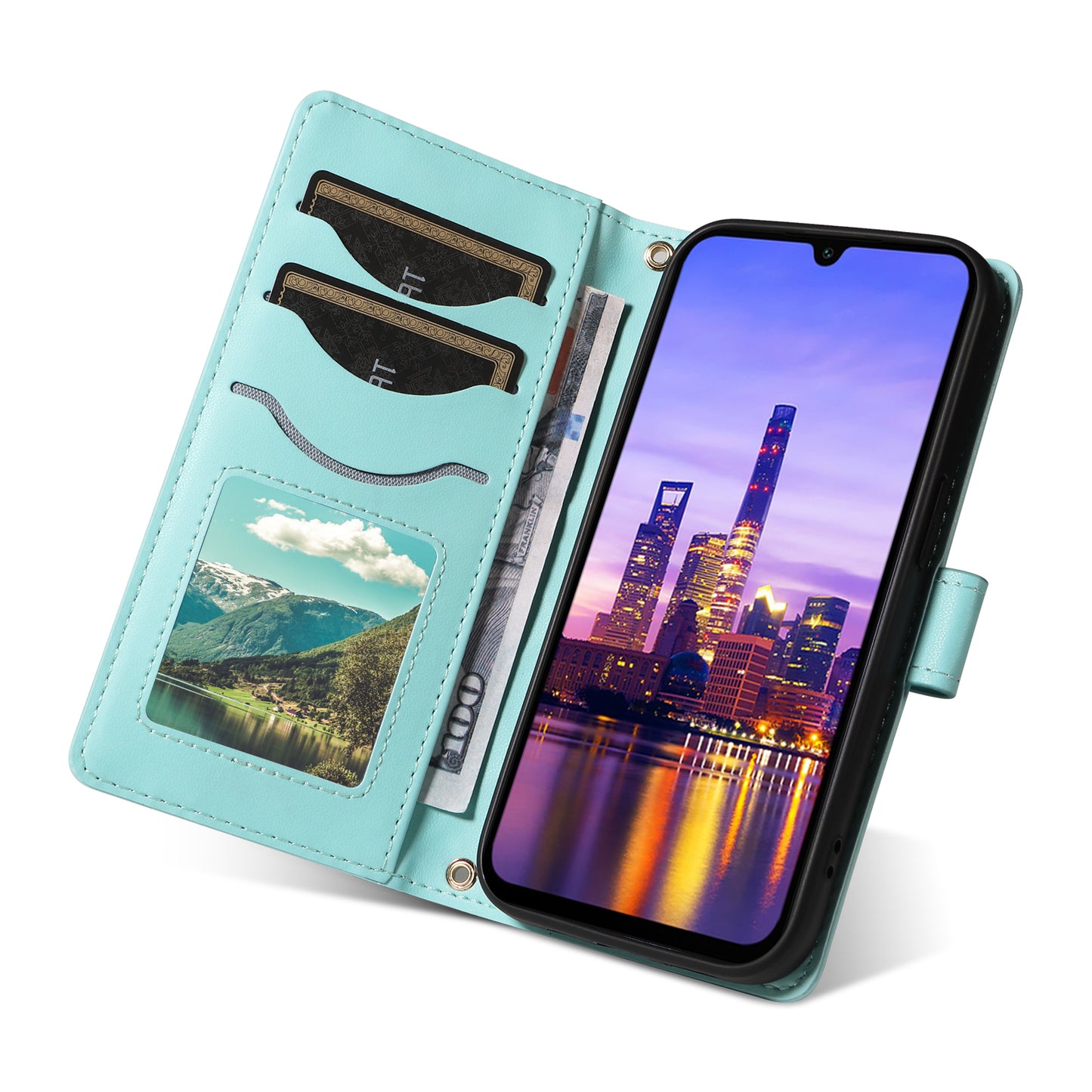 For Samsung Galaxy A16 5G / A16 4G Case Wallet Rhombus Leather Phone Cover with Shoulder Strap, Wrist Strap - Green