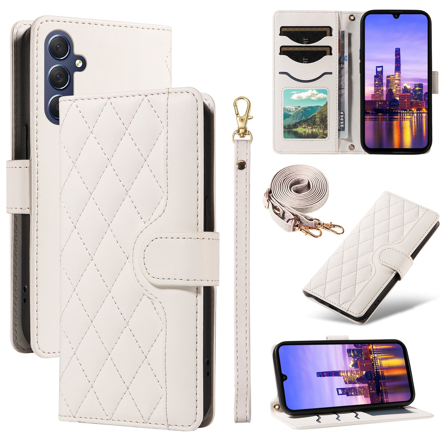 For Samsung Galaxy A16 5G / A16 4G Case Wallet Rhombus Leather Phone Cover with Shoulder Strap, Wrist Strap - White