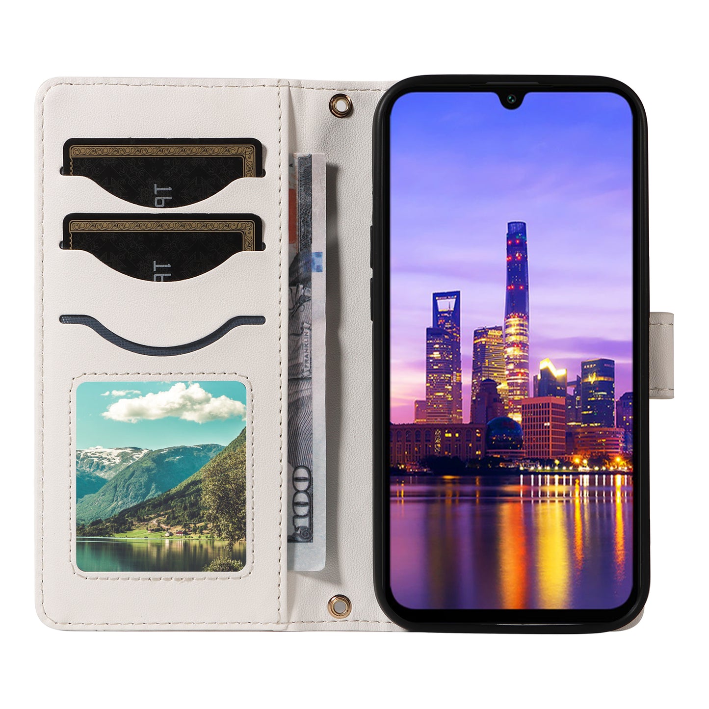 For Samsung Galaxy A16 5G / A16 4G Case Wallet Rhombus Leather Phone Cover with Shoulder Strap, Wrist Strap - White