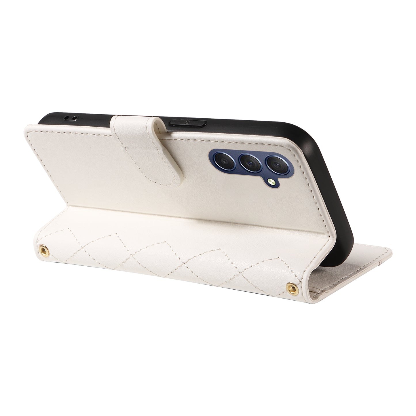 For Samsung Galaxy A16 5G / A16 4G Case Wallet Rhombus Leather Phone Cover with Shoulder Strap, Wrist Strap - White