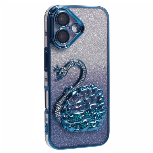 For iPhone 16 Case Swan Design Quicksand TPU Phone Cover with Glass Lens Film - Blue