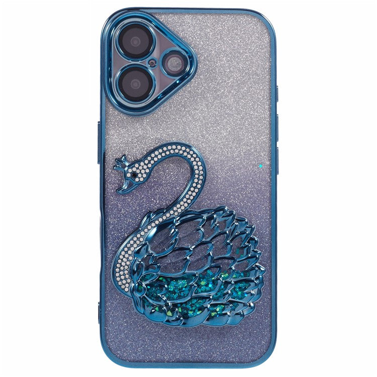 For iPhone 16 Case Swan Design Quicksand TPU Phone Cover with Glass Lens Film - Blue
