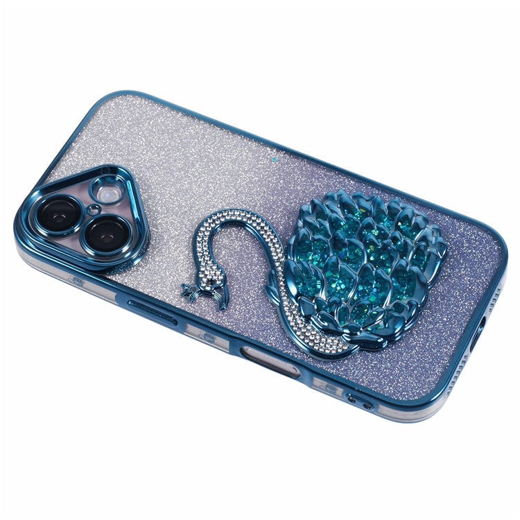 For iPhone 16 Case Swan Design Quicksand TPU Phone Cover with Glass Lens Film - Blue