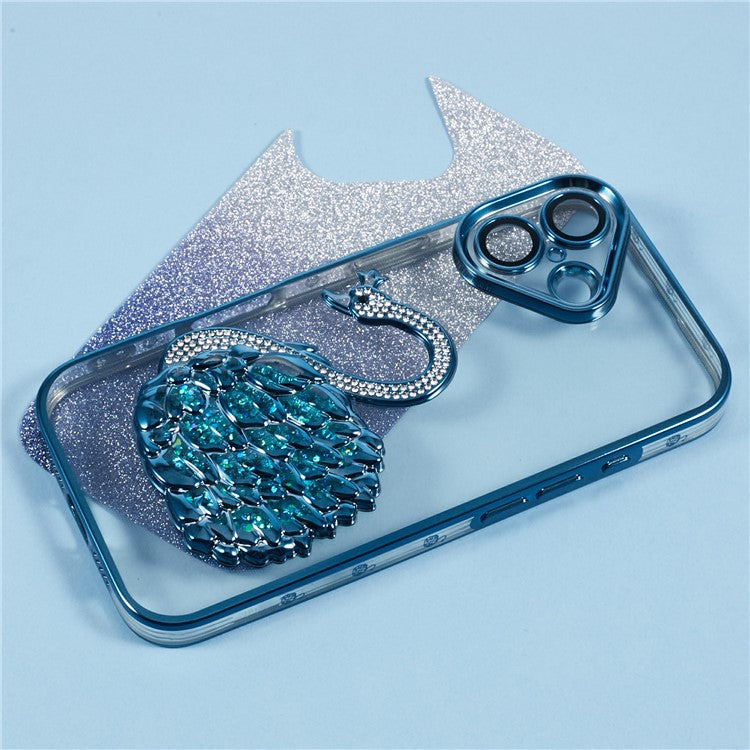 For iPhone 16 Case Swan Design Quicksand TPU Phone Cover with Glass Lens Film - Blue