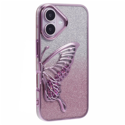 For iPhone 16 Case Quicksand Butterfly TPU Phone Cover with Glass Lens Film - Pink