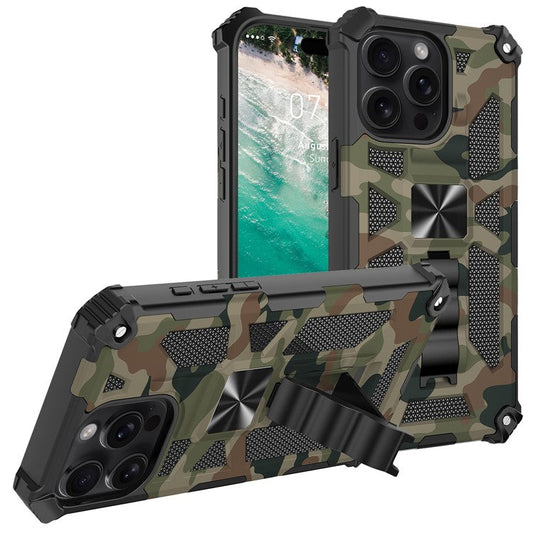 For iPhone 16 Pro Case Kickstand PC+TPU Camouflage Military Grade Phone Cover - Army Green