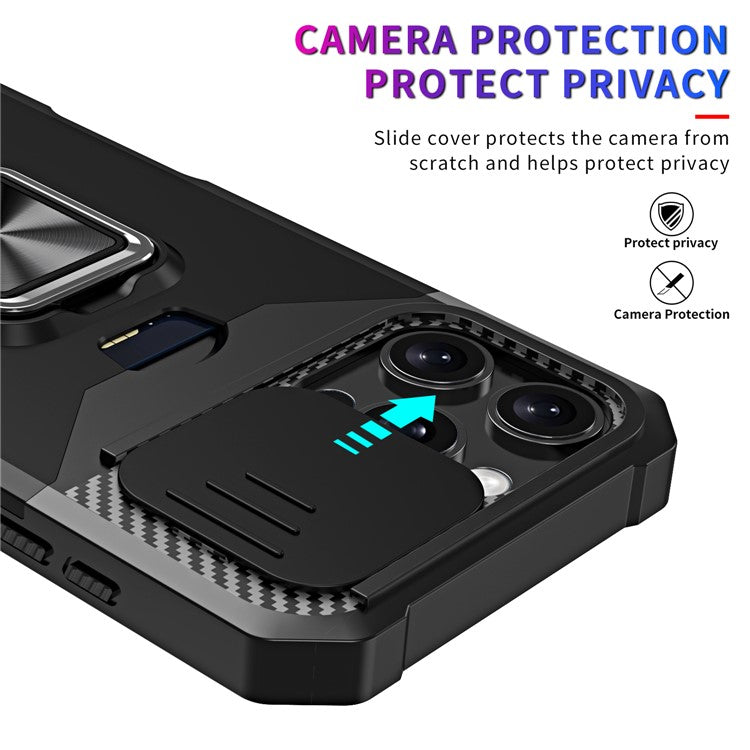 For iPhone 16 Pro Kickstand Case Slide Lens Lid PC+TPU Phone Cover with Card Slot - Black