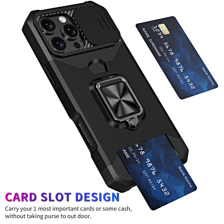 For iPhone 16 Pro Kickstand Case Slide Lens Lid PC+TPU Phone Cover with Card Slot - Black
