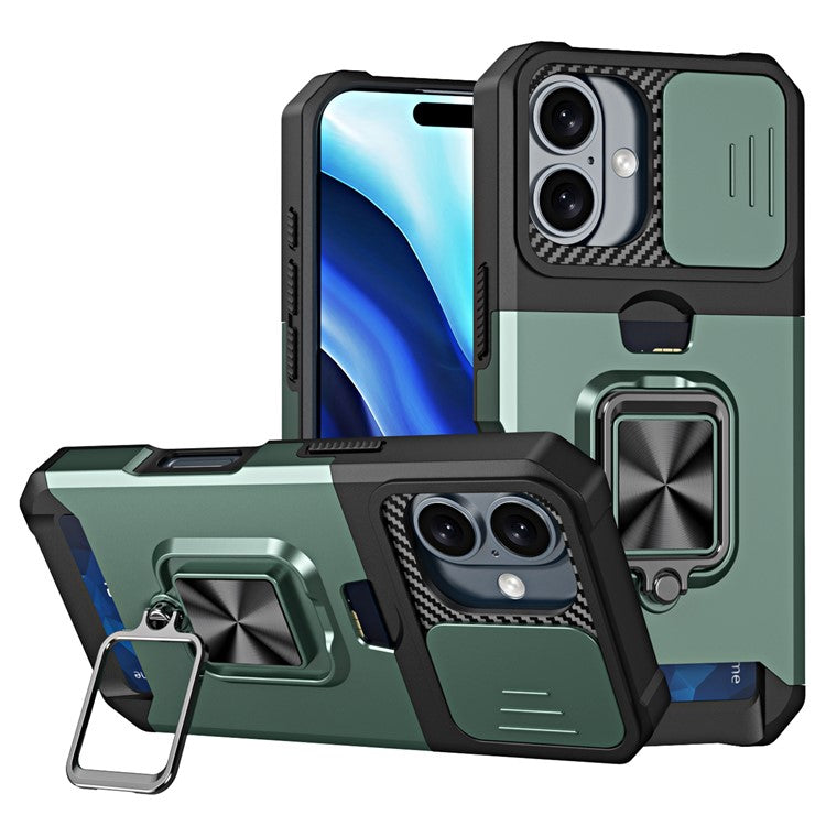 For iPhone 16 Plus Kickstand Case Slide Lens Lid PC+TPU Phone Cover with Card Slot - Blackish Green