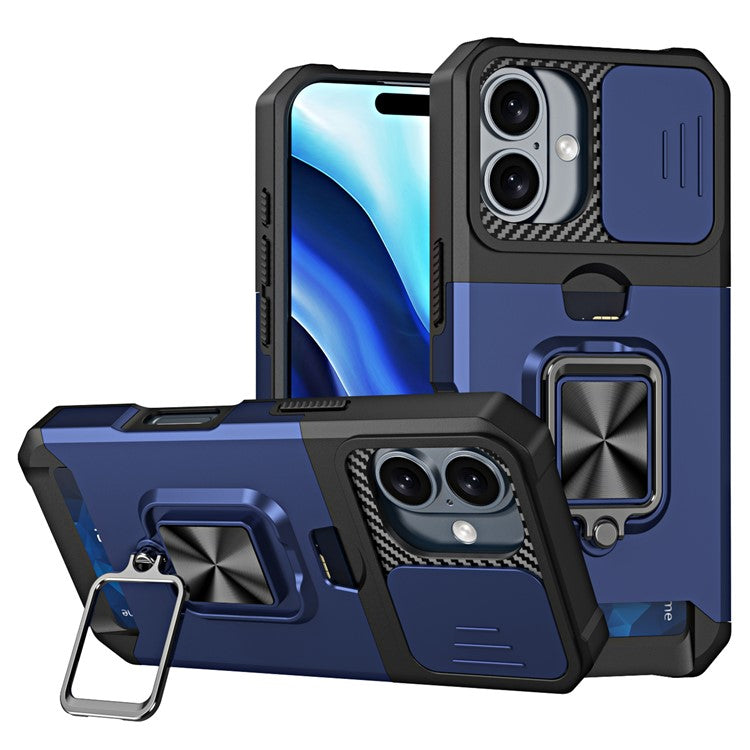 For iPhone 16 Kickstand Case Slide Lens Lid PC+TPU Phone Cover with Card Slot - Navy Blue