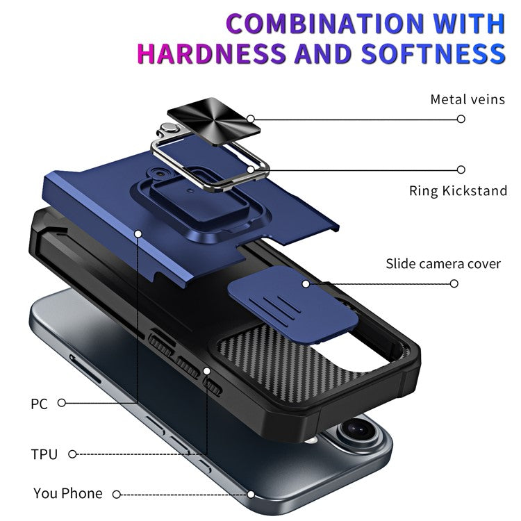 For iPhone 16 Kickstand Case Slide Lens Lid PC+TPU Phone Cover with Card Slot - Navy Blue