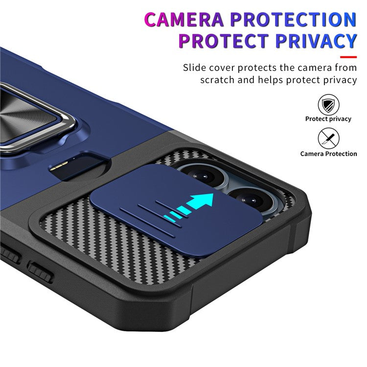 For iPhone 16 Kickstand Case Slide Lens Lid PC+TPU Phone Cover with Card Slot - Navy Blue