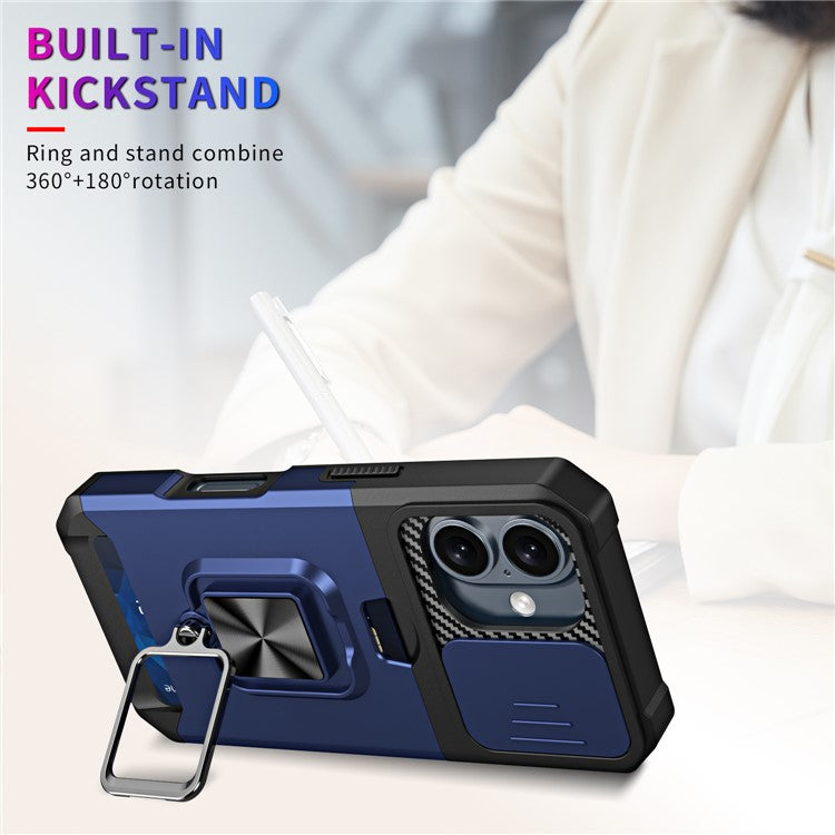 For iPhone 16 Kickstand Case Slide Lens Lid PC+TPU Phone Cover with Card Slot - Navy Blue