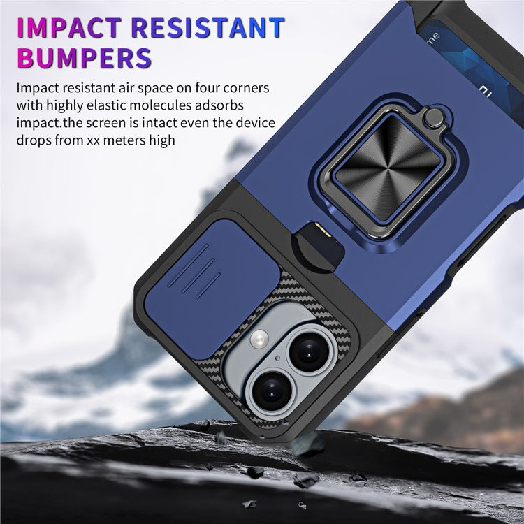 For iPhone 16 Kickstand Case Slide Lens Lid PC+TPU Phone Cover with Card Slot - Navy Blue