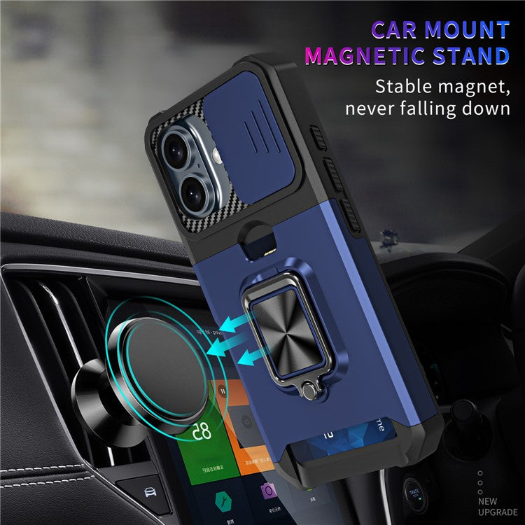 For iPhone 16 Kickstand Case Slide Lens Lid PC+TPU Phone Cover with Card Slot - Navy Blue