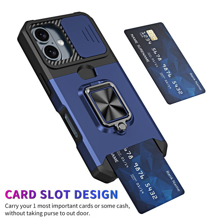 For iPhone 16 Kickstand Case Slide Lens Lid PC+TPU Phone Cover with Card Slot - Navy Blue