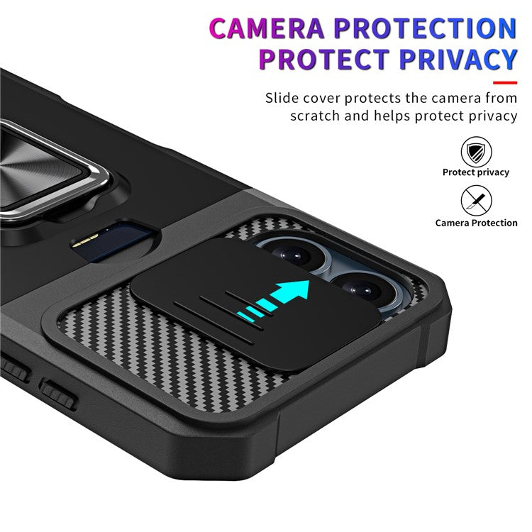 For iPhone 16 Kickstand Case Slide Lens Lid PC+TPU Phone Cover with Card Slot - Silver
