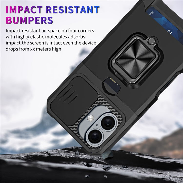 For iPhone 16 Kickstand Case Slide Lens Lid PC+TPU Phone Cover with Card Slot - Silver
