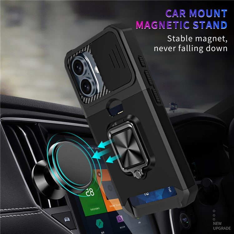 For iPhone 16 Kickstand Case Slide Lens Lid PC+TPU Phone Cover with Card Slot - Silver