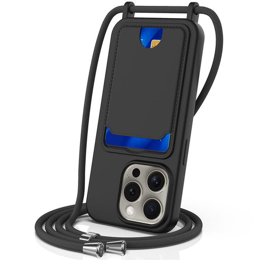 For iPhone 16 Pro Case Liquid Silicone Card Holder Phone Back Cover with Lanyard - Black