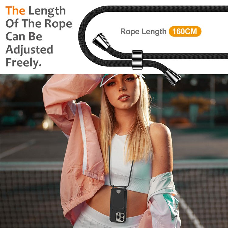 For iPhone 16 Pro Case Liquid Silicone Card Holder Phone Back Cover with Lanyard - Black