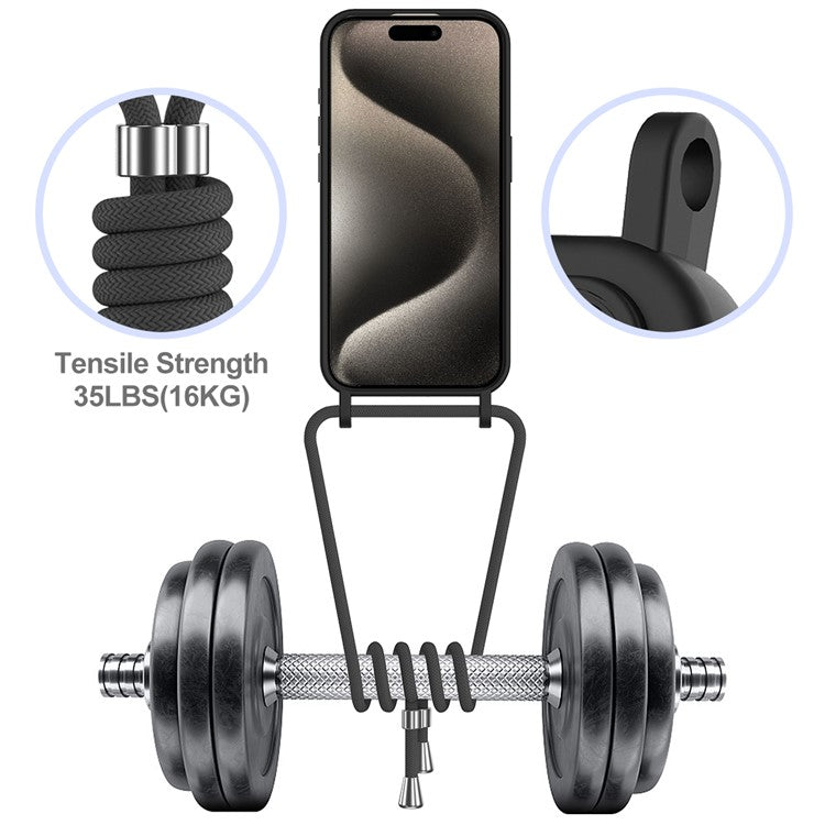 For iPhone 16 Pro Case Liquid Silicone Card Holder Phone Back Cover with Lanyard - Black