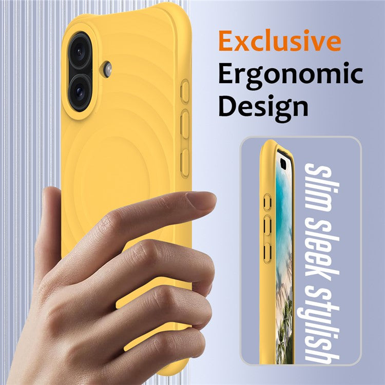 For iPhone 16 Plus Case Compatible with MagSafe Ripple Texture Liquid Silicone Protective Cover with Strap - Yellow