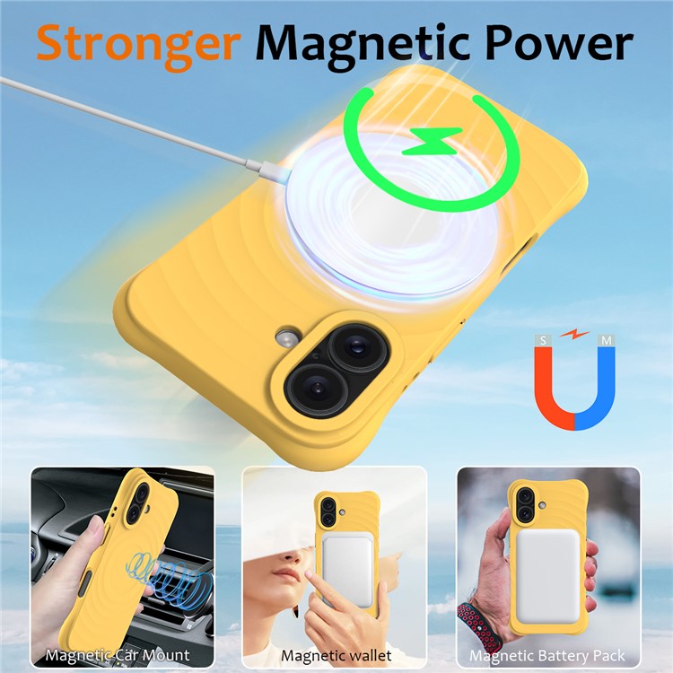 For iPhone 16 Plus Case Compatible with MagSafe Ripple Texture Liquid Silicone Protective Cover with Strap - Yellow