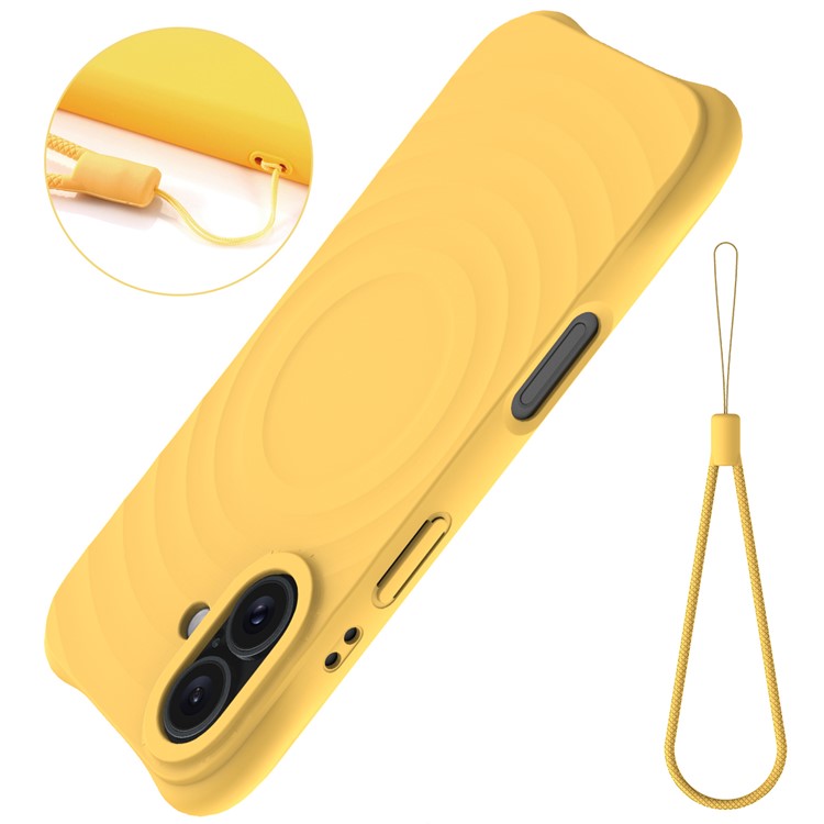 For iPhone 16 Plus Case Compatible with MagSafe Ripple Texture Liquid Silicone Protective Cover with Strap - Yellow