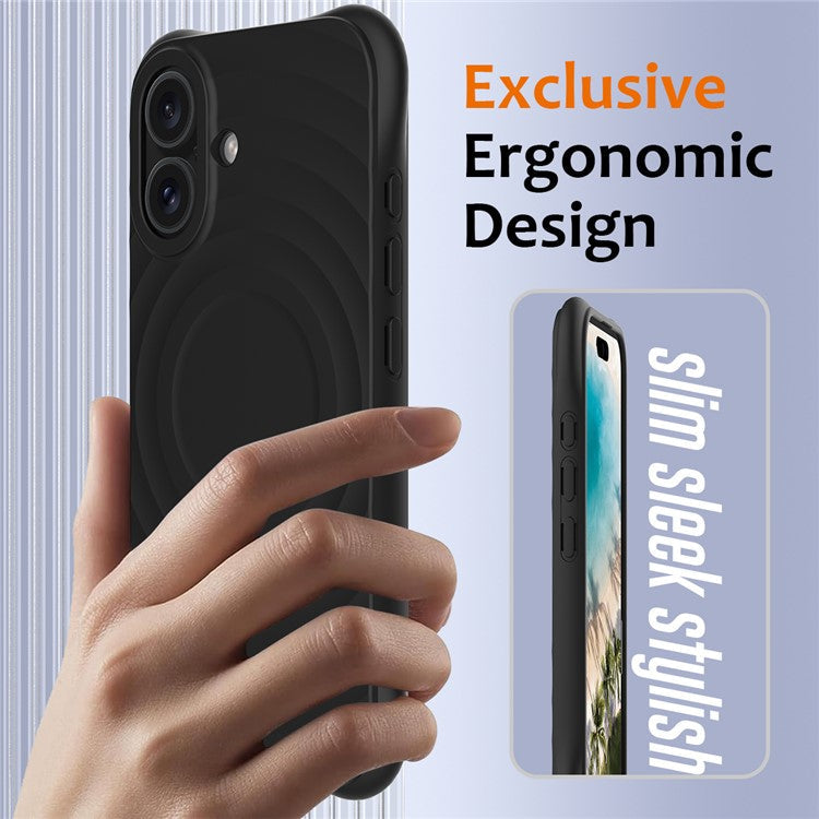 For iPhone 16 Case Compatible with MagSafe Ripple Texture Liquid Silicone Protective Cover with Strap - Black