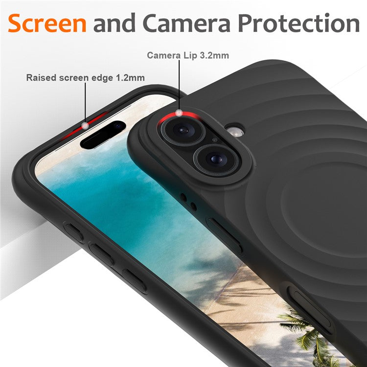 For iPhone 16 Case Compatible with MagSafe Ripple Texture Liquid Silicone Protective Cover with Strap - Black