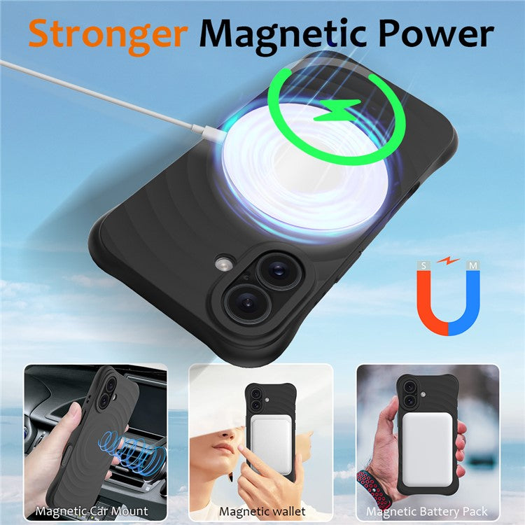 For iPhone 16 Case Compatible with MagSafe Ripple Texture Liquid Silicone Protective Cover with Strap - Black
