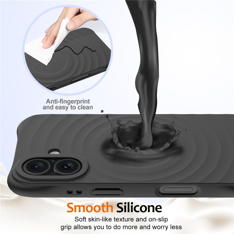 For iPhone 16 Case Compatible with MagSafe Ripple Texture Liquid Silicone Protective Cover with Strap - Black