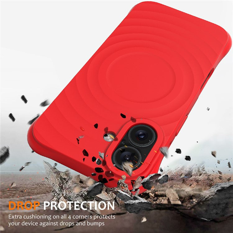 For iPhone 16 Case Compatible with MagSafe Ripple Texture Liquid Silicone Protective Cover with Strap - Red