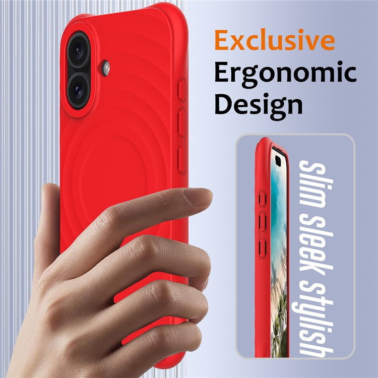 For iPhone 16 Case Compatible with MagSafe Ripple Texture Liquid Silicone Protective Cover with Strap - Red