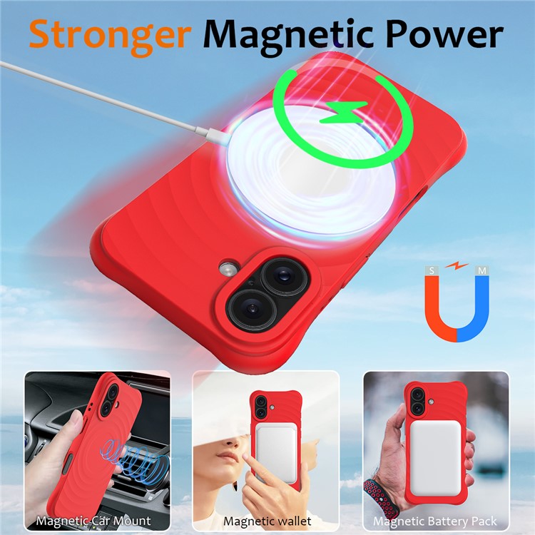 For iPhone 16 Case Compatible with MagSafe Ripple Texture Liquid Silicone Protective Cover with Strap - Red