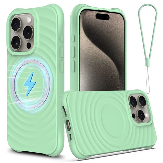 For iPhone 16 Pro Case Compatible with MagSafe Ripple Texture Liquid Silicone Protective Cover with Strap - Green