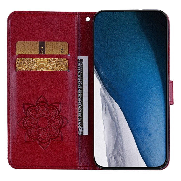 For iPhone 16 Pro Wallet Case Owl Flower Imprinted Rhinestone Leather Cover - Red
