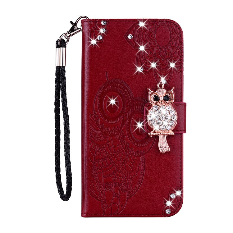 For iPhone 16 Pro Wallet Case Owl Flower Imprinted Rhinestone Leather Cover - Red