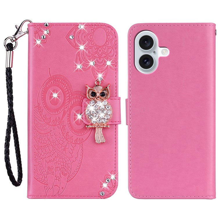 For iPhone 16 Plus Wallet Case Owl Flower Imprinted Rhinestone Leather Cover - Rose