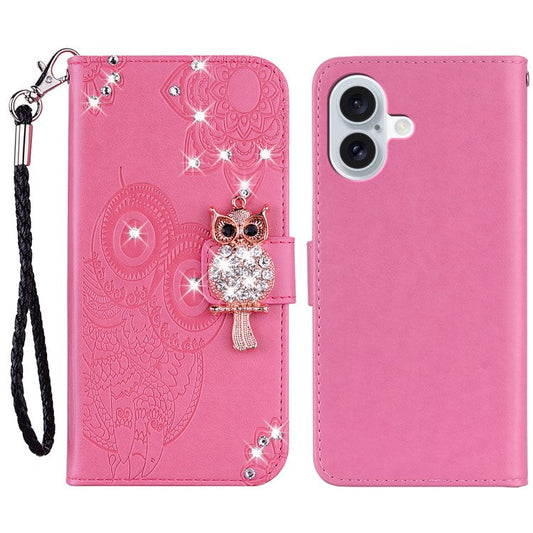 For iPhone 16 Plus Wallet Case Owl Flower Imprinted Rhinestone Leather Cover - Rose