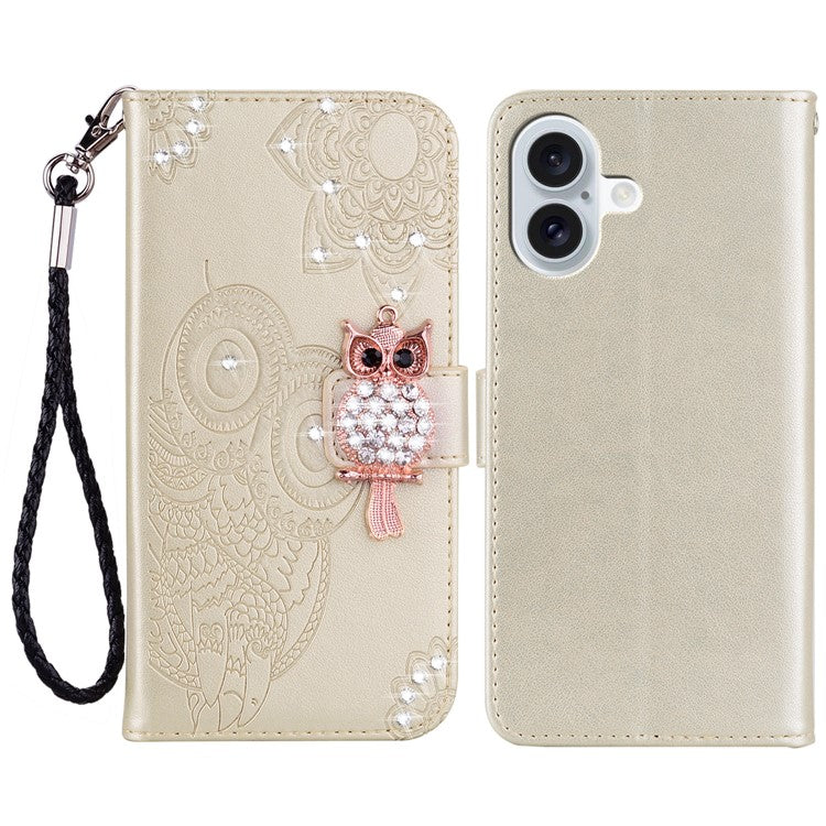 For iPhone 16 Wallet Case Owl Flower Imprinted Rhinestone Leather Cover - Gold
