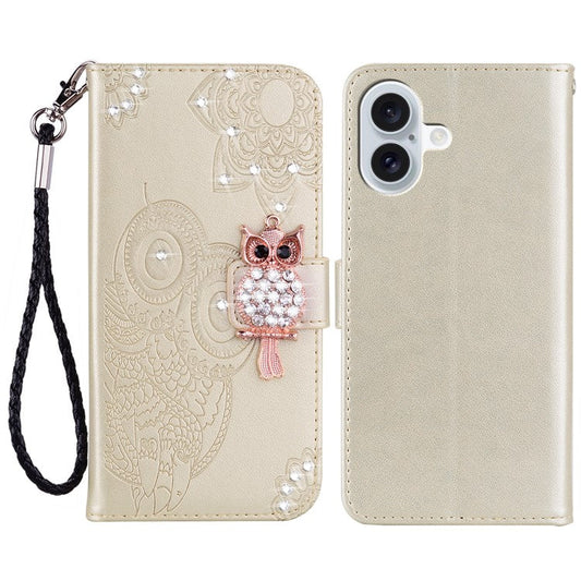 For iPhone 16 Wallet Case Owl Flower Imprinted Rhinestone Leather Cover - Gold