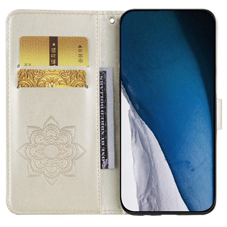 For iPhone 16 Wallet Case Owl Flower Imprinted Rhinestone Leather Cover - Gold