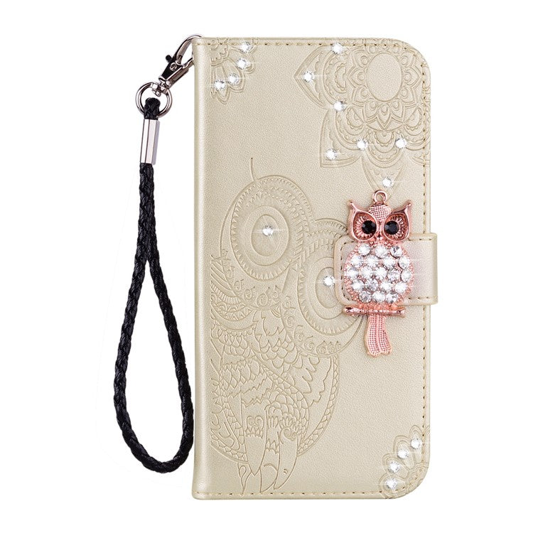 For iPhone 16 Wallet Case Owl Flower Imprinted Rhinestone Leather Cover - Gold