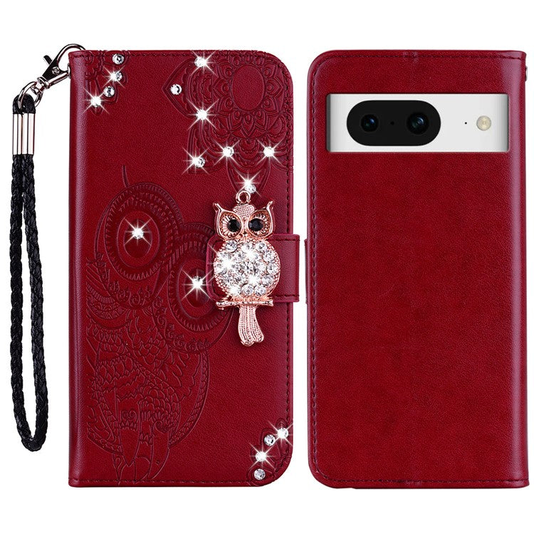 For Google Pixel 9 Pro  /  Pixel 9 Wallet Case Owl Flower Imprinted Rhinestone Leather Cover - Red
