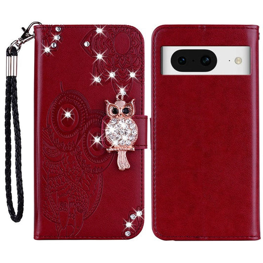 For Google Pixel 9 Pro  /  Pixel 9 Wallet Case Owl Flower Imprinted Rhinestone Leather Cover - Red
