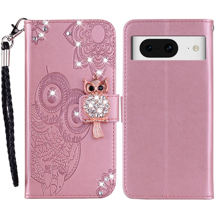For Google Pixel 9 Pro  /  Pixel 9 Wallet Case Owl Flower Imprinted Rhinestone Leather Cover - Rose Gold